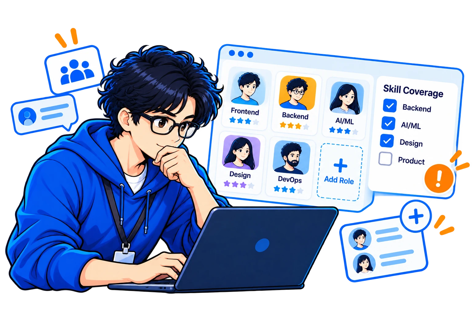 A founder reviewing an AI-generated team plan with role cards and skill gaps
